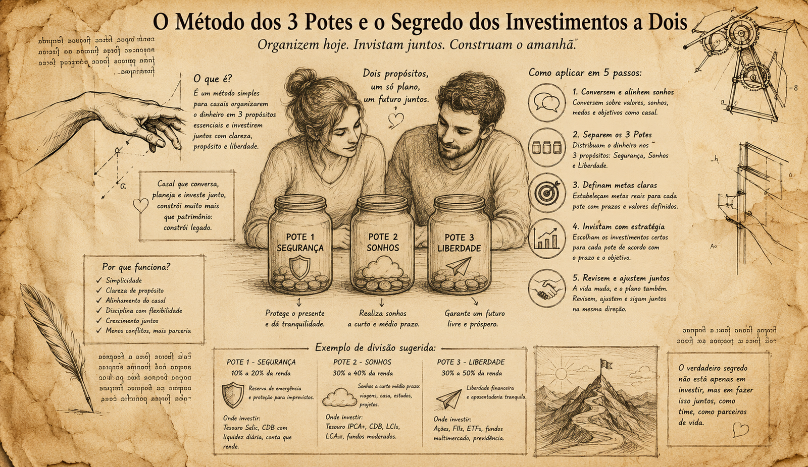 Três potes de vidro na mesa da cozinha guardando dinheiro com moedas e notas representando o método dos 3 potes para casal