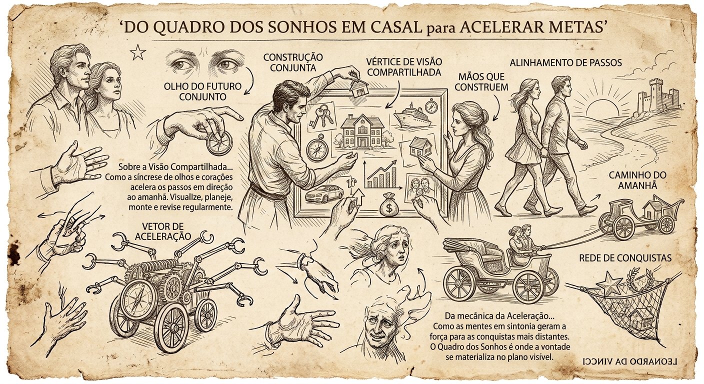 Casal colando fotos e rabiscando metas de investimentos na parede criando um quadro dos sonhos