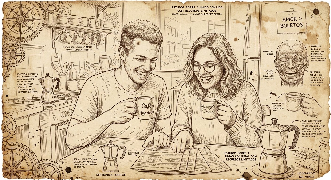 Casal sorrindo e tomando café na cozinha rindo dos boletos representando como manter o namoro vivo com a grana curta
